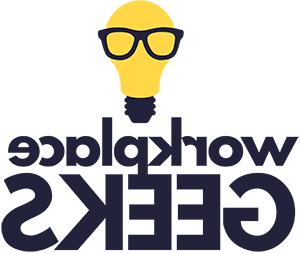 Workplace Geeks logo - an illustration of a yellow lightbulb wearing black framed glasses, with black 'workplace geeks' lettering underneath